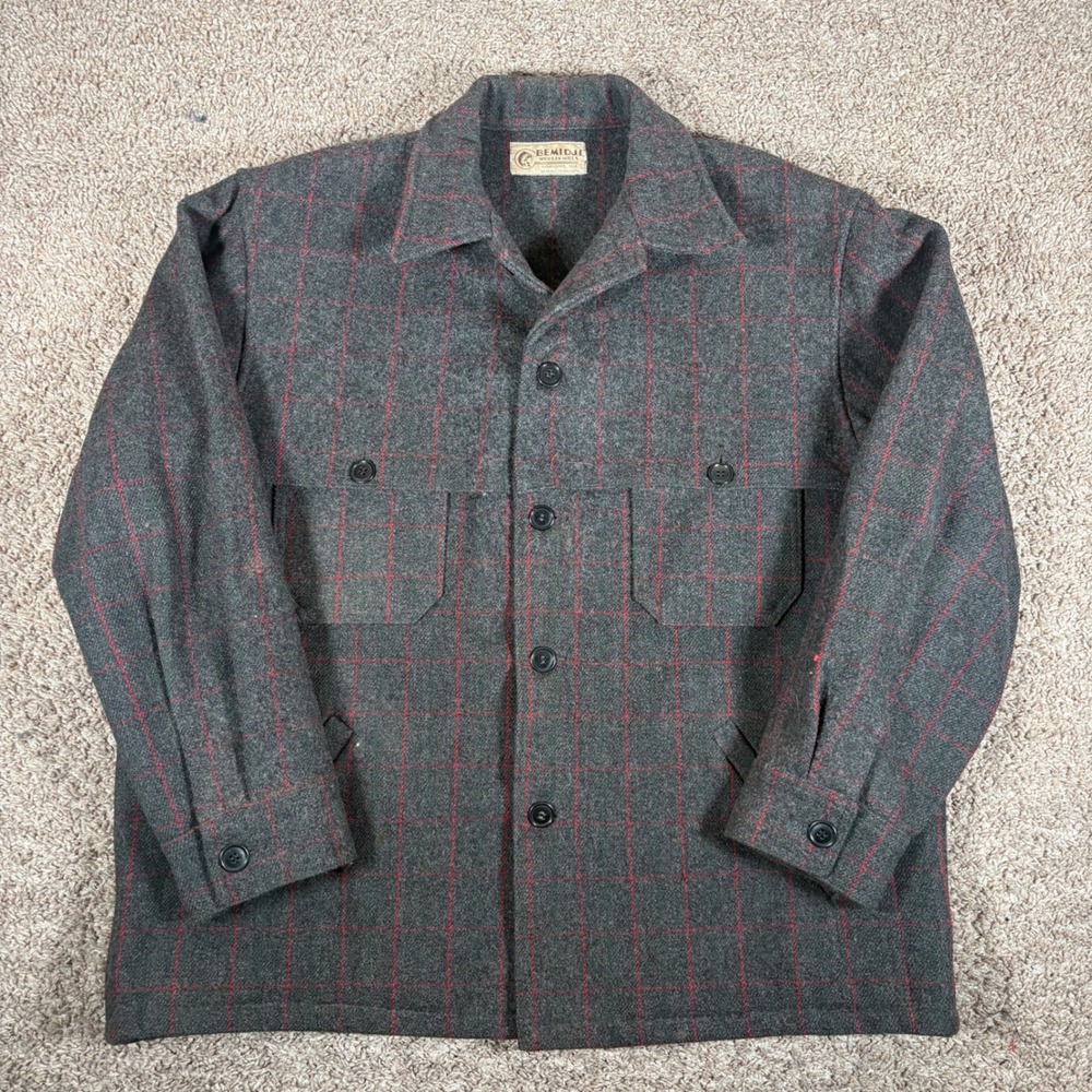 Bemidji Woolen Mills Mens Gray Red Windowpane Wool Cruiser Jacket Made in USA